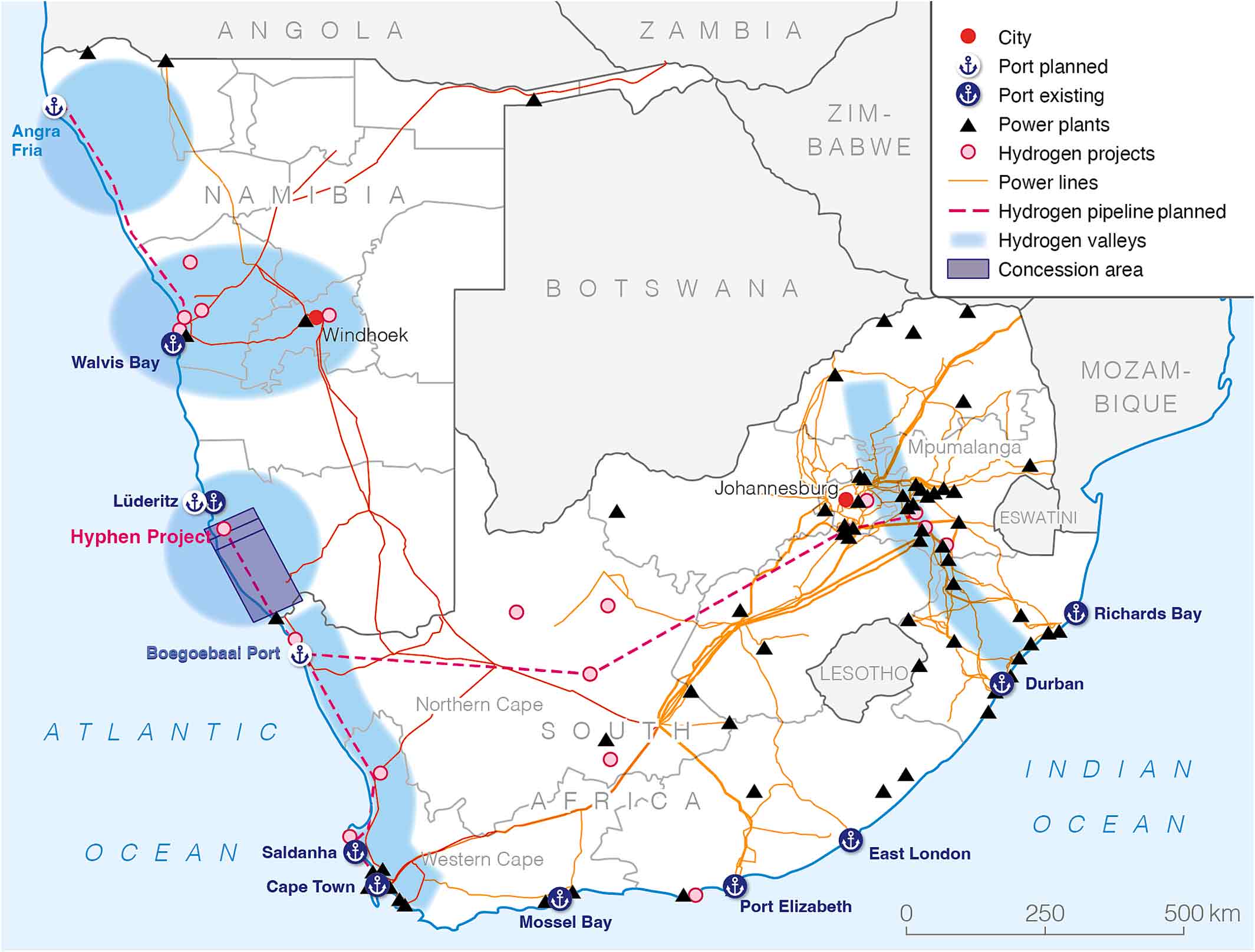 map of southern africa with green hydrogen sites