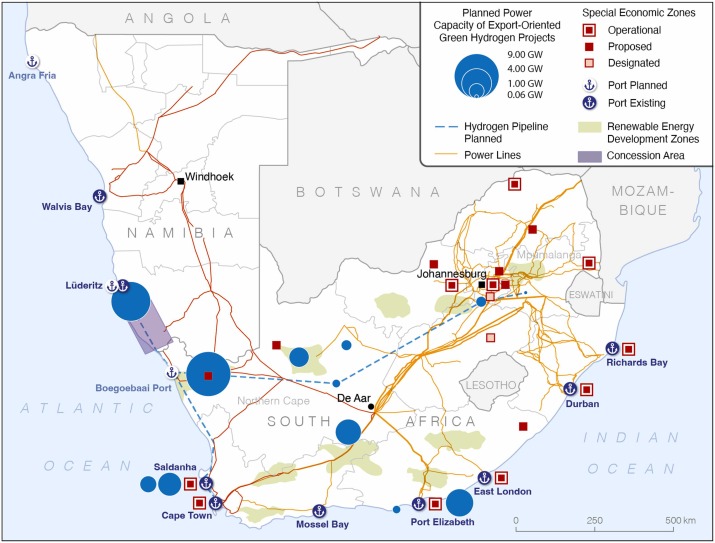 map of green hydrogen infrastructure in southern Africa