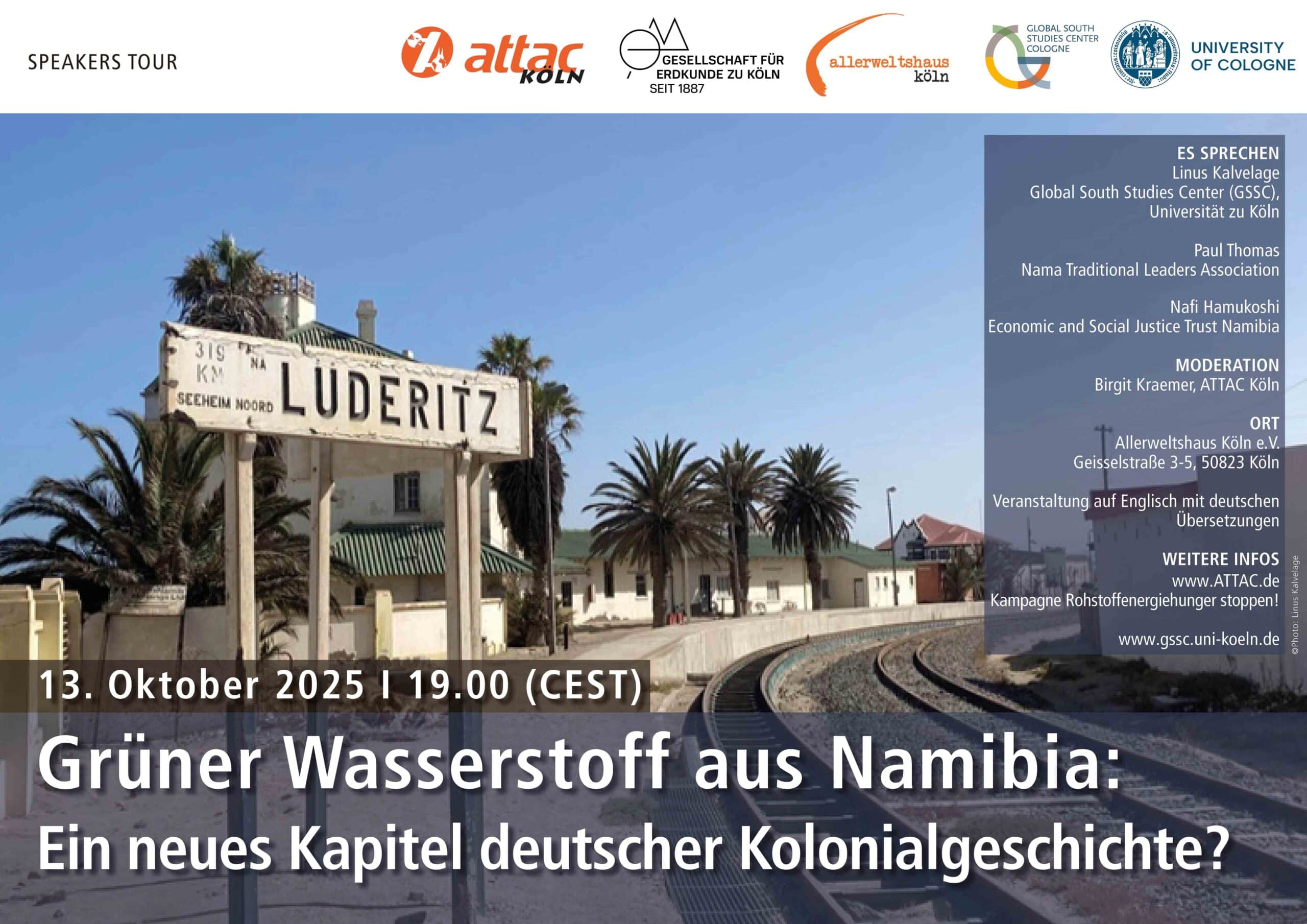 poster for a speakers tour event on green hydrogen in namibia to take place in cologne on 13 october 2025