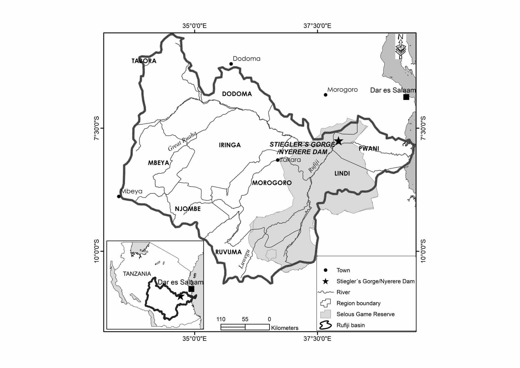a map showing the location of nyerere dam in Tanzania