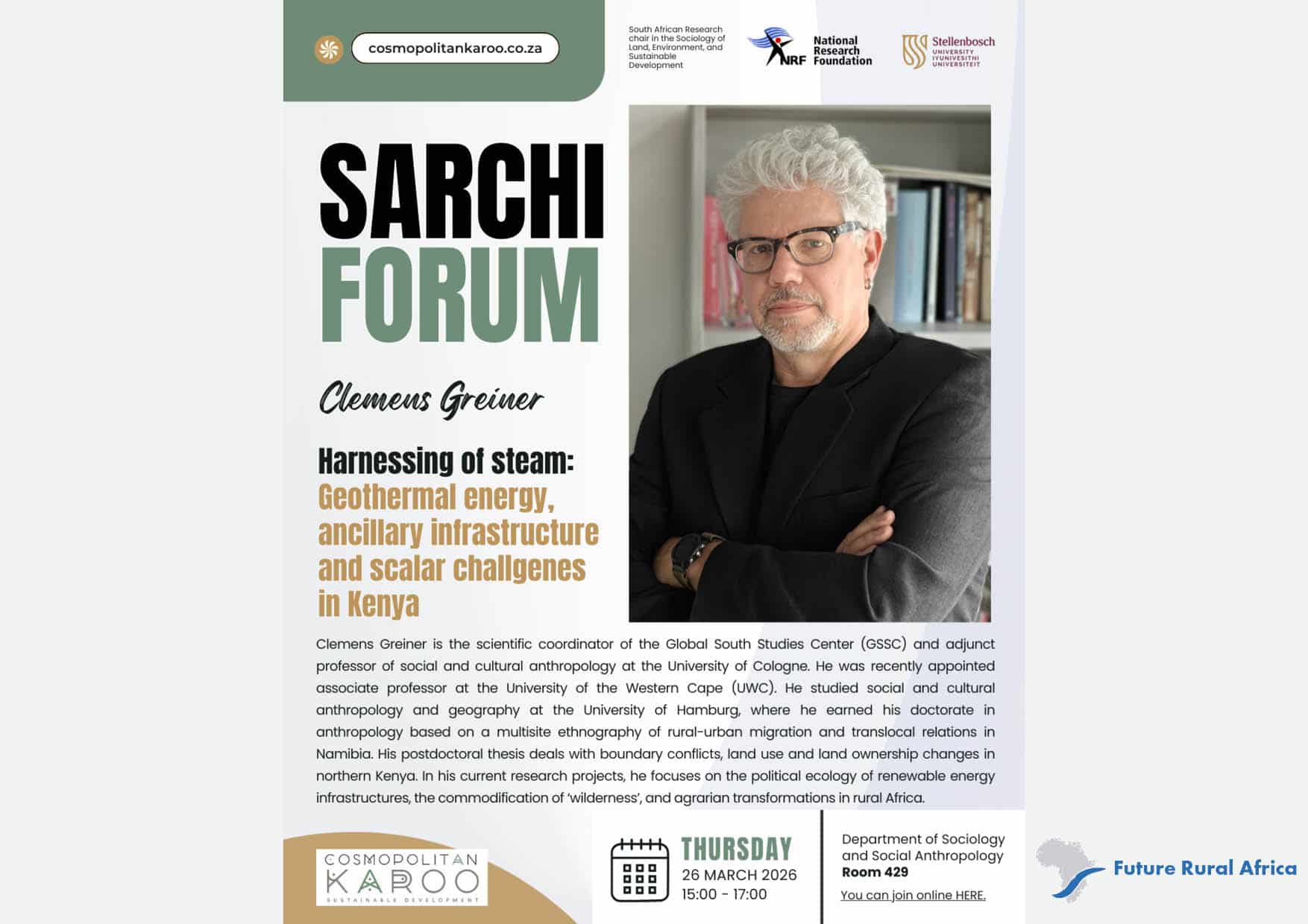 poster for a webinar with clemens greiner at stellenbosch university